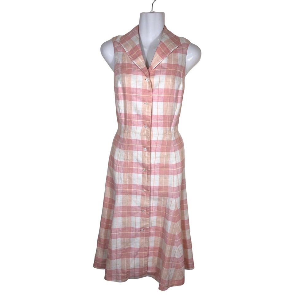 Brooks Brothers Country Club Madras Linen Shirt Dress Plaid Pink Sleeveless 4
